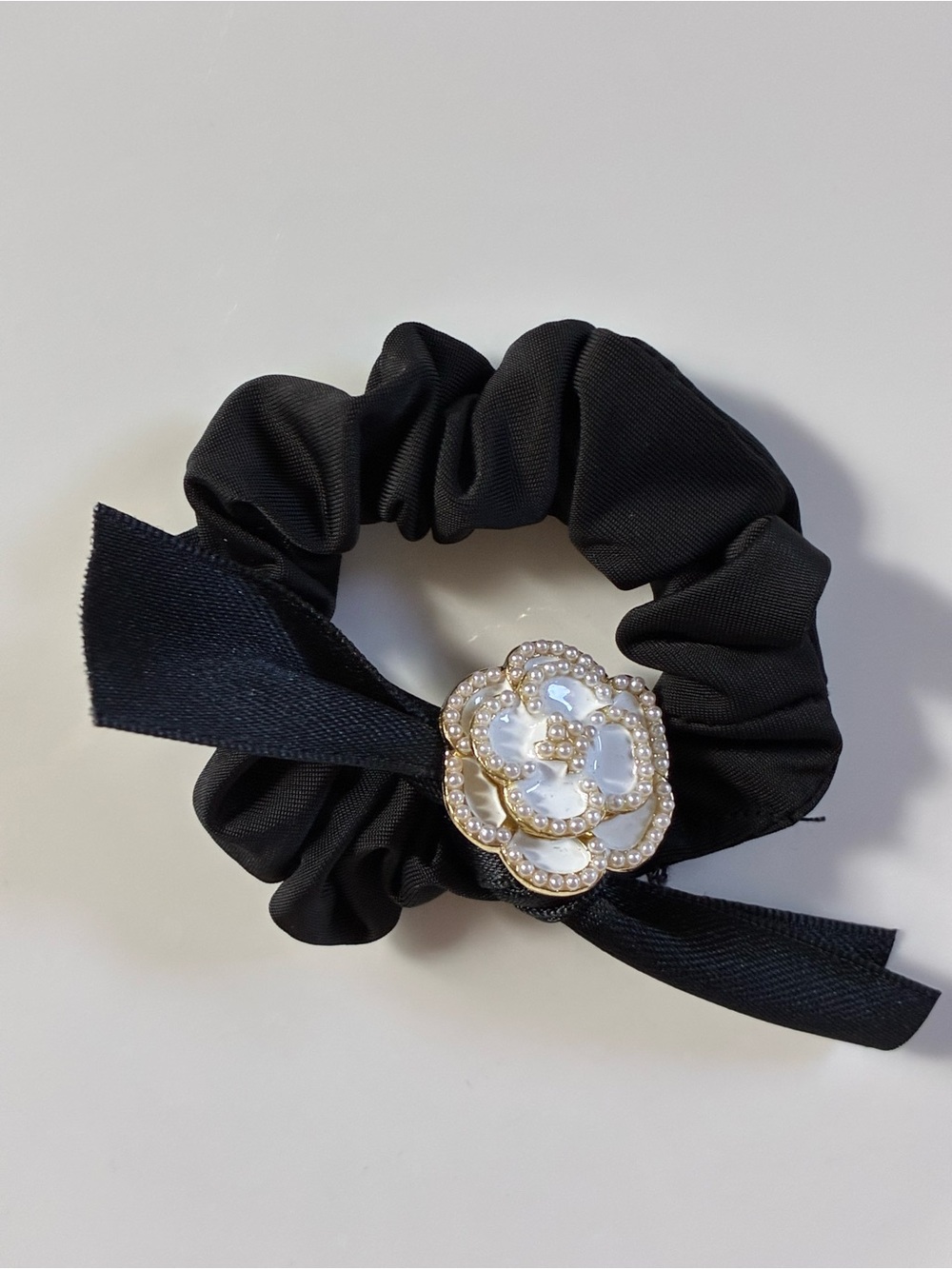 Elegant White Pearl Camellia Flower Accent Black Scrunchie